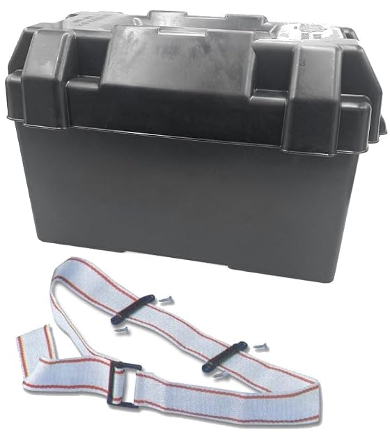 Coffre à batterie Bootskiste en plastique noir avec couvercle et sangle