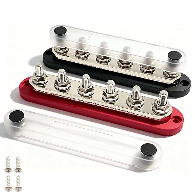Paire de barres de distribution Keltorio 300 A rouge et noire avec capots
