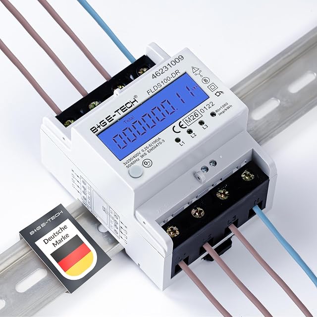 Compteur triphasé sur rail DIN B+G E-Tech avec afficheur rétroéclairé bleu