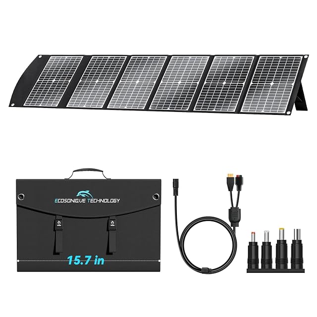 Panneau solaire pliable Ecosonique de 100 W avec son jeu d’adaptateurs disposé