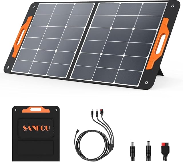 Panneau solaire pliable Husgw de 100 W déplié avec sa poignée de transport