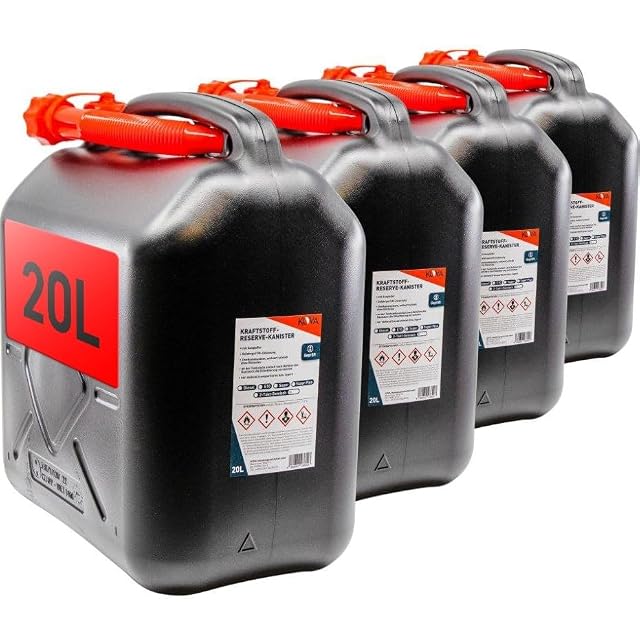Jerricans plastique noirs KOVA de 20 litres à bouchons rouges, quatre par lot