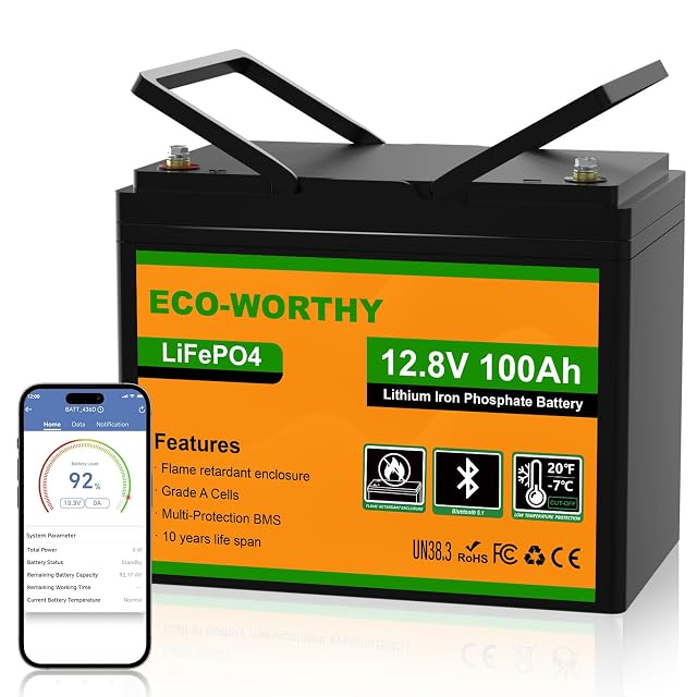 Batterie LiFePO4 ECO-WORTHY de 100 Ah avec suivi Bluetooth