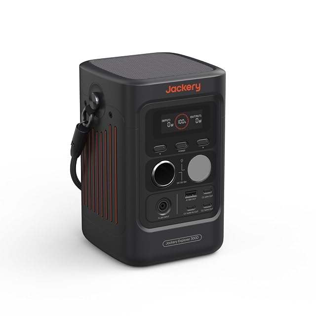 Station d’énergie Jackery Explorer 300D debout avec son câble USB-C intégré en poignée