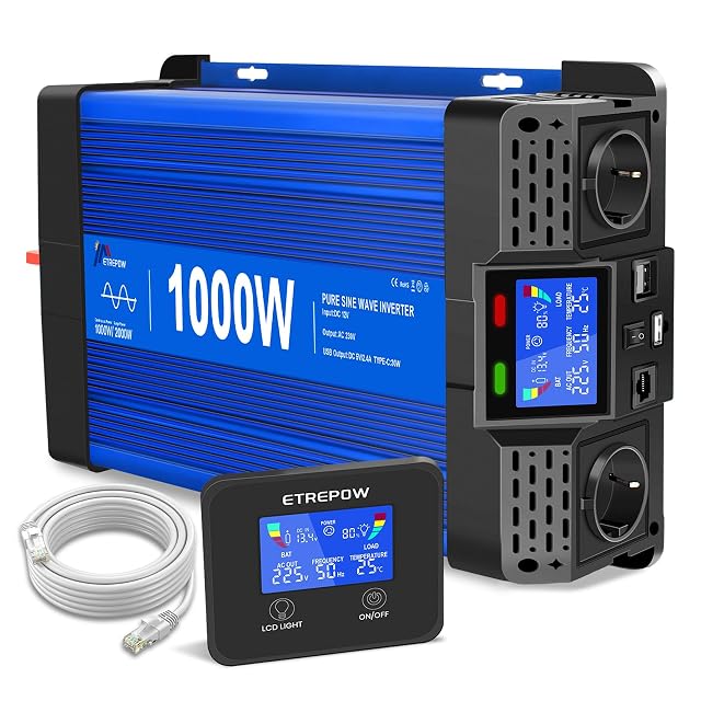 Onduleur à sinus pur ETREPOW de 1000 W avec son boîtier de télécommande