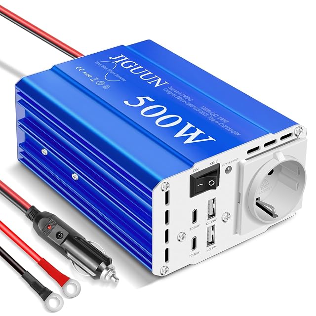 Onduleur à sinus pur JIGUUN de 500 W avec ports USB-C et QC