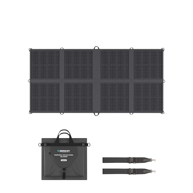 Couverture solaire Renogy 200 W dépliée sur le capot d'un véhicule