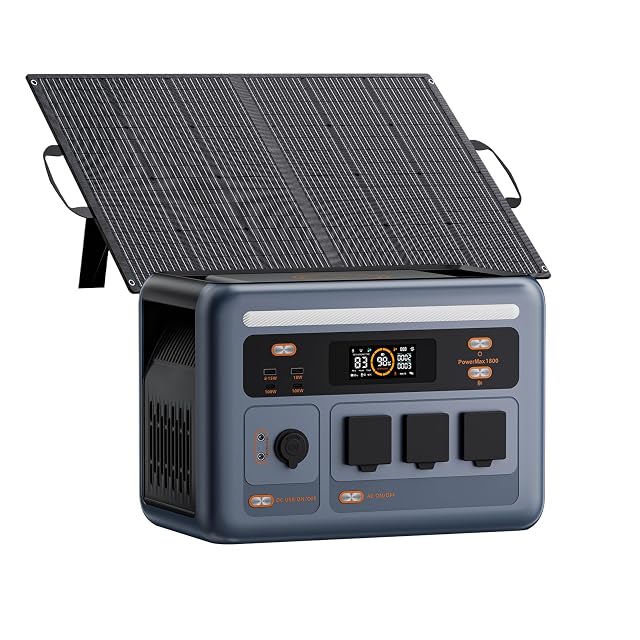 Station d'énergie OSCAL PowerMax 1800SE à côté d'un panneau solaire pliable de 100 W