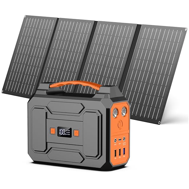 Station d'énergie portable Powkey à côté de son panneau solaire de 40 W replié