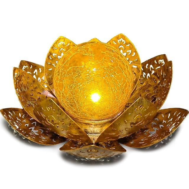 Lampe solaire de sol ORHOMELIFE en forme de lotus avec verre craquelé ambre