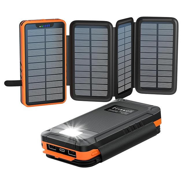 Batterie externe solaire elzle avec ses quatre panneaux solaires dépliés