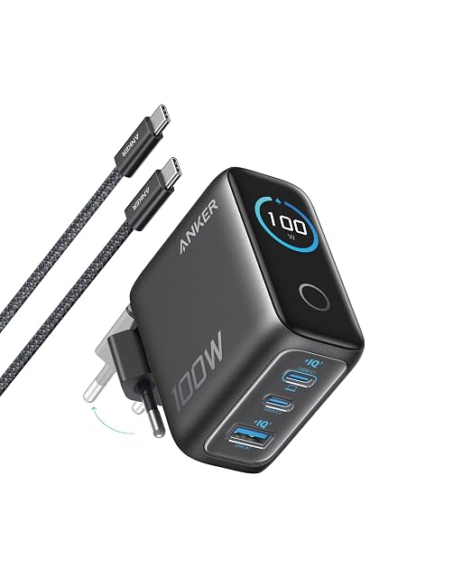 Chargeur GaN Anker 100 W à trois ports avec afficheur intelligent
