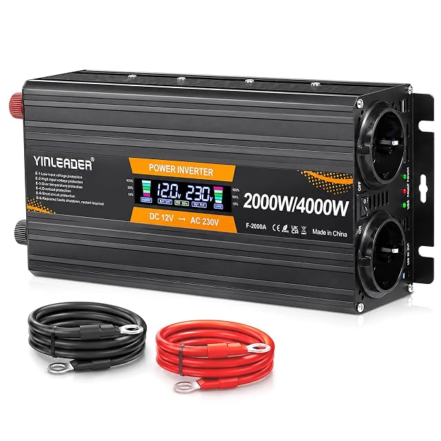 Convertisseur de tension Yinleader 2000 W avec afficheur LCD et deux prises EU